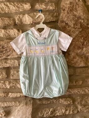 VINTAGE House of Hatten Smocked Duck Bubble Romper - Mint Green - 24 Months
